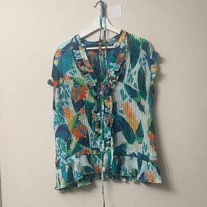 NY Collection Vibrant Ruffle Blouse - Green and Orange